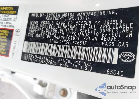 2015 Toyota Camry Le z USA, uszkodzony, nr VIN 4T1BF1FK5FU876517